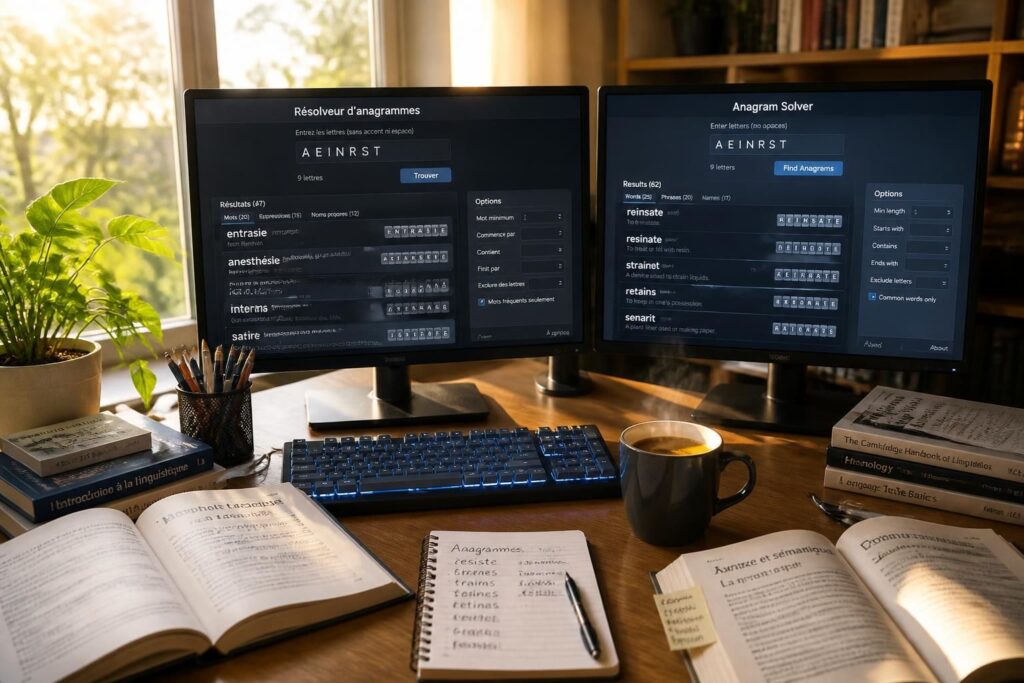 découvrez notre solveur d'anagrammes gratuit en français et en anglais, un outil facile et rapide pour trouver toutes les anagrammes de vos mots ou phrases.